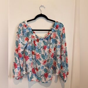 Forever 21 White Floral Off-Shoulder Blouse with Blue & Coral Flowers